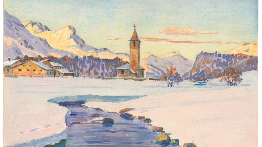 Ein Aquarell von Sils Baselgia im Winter um 1930. Etwas mehr als hundert Jahre zuvor sah es laut Paul Robbi auch im Sommer ähnlich weiss aus. Foto/Aquarell: Anton Christoffel / Kulturarchiv Oberengadin