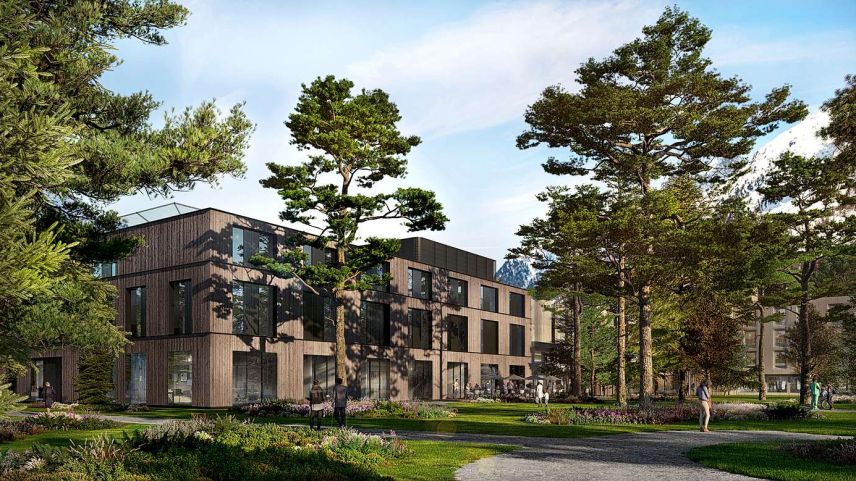 Die neue Klinik Gut im Kurpark in St. Moritz-Bad. 	Visualisierung: Ingenhoven Architects 