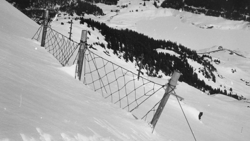 Frühe Schneenetze im Anrissgebiet: Nach 1951 wurden offene Stützwerke ­intensiv erprobt, um Schneedecken stabil zu halten. Foto: Archiv SLF