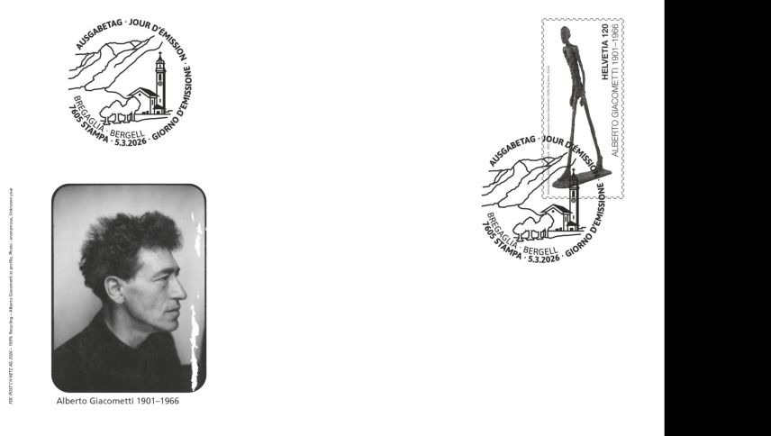 Der Ersttagsumschlag der Giacometti-Sondermarke. © Succession Alberto Giacometti / 2026, ProLitteris, Zurich und ©️ Post CH Netz AG
