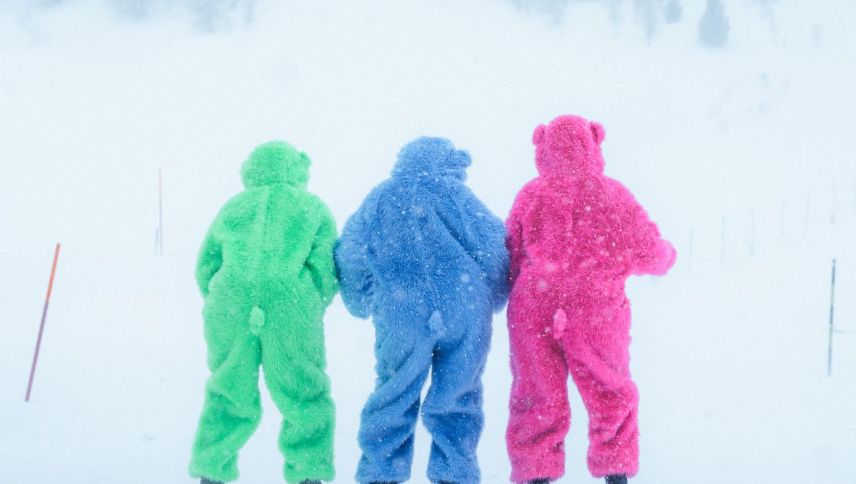 Drei Schneehäsli trotzdem dem Schneefall im Oberengadin (Foto: Logan Swney).