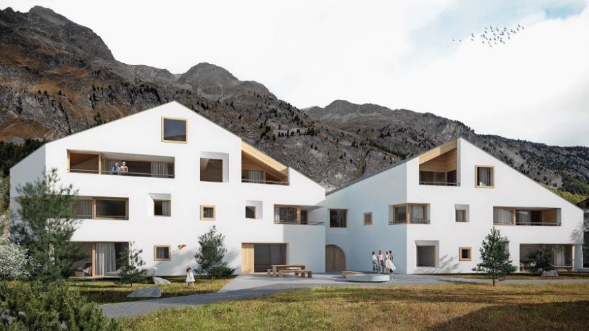 Über einen gemeinsamen Eingangsbereich und ein Foyer miteinander verbundene Wohnhäuser, so der Entwurf der «Cooperativa Lagrev». 	Visualisierung: Fanzun AG