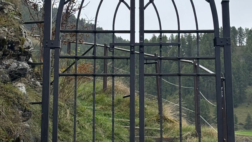 Sül mot da la ruina Steinsberg sur Ardez es gnü installà quist utuon ün portal da fier battü i’l stil medieval (fotografia: Martin Camichel).