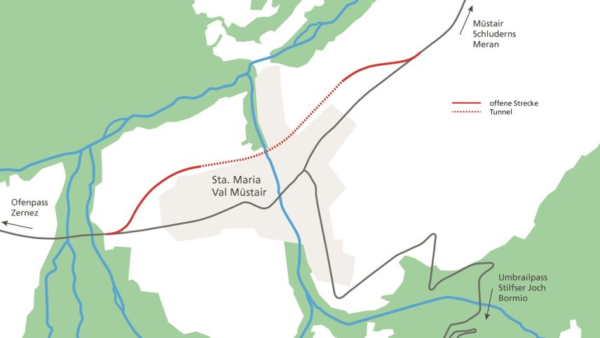 La seguonda varianta proposta da la gruppa accumpagnanta – la varianta nord: ün tunnel suot Sta. Maria via, ma sainza access a la via da l’Umbrail (fotografia: mad).
