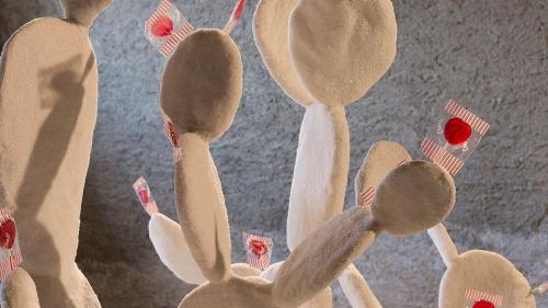 Il duo artistsic Flurina Badel e Jérémie Sarbach preschaintan sculpturas chi algordan a kivis ed ün cactus cun lolipops cotschen carmin. (fotografia: mad)