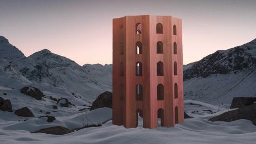 Fotomontage vom Roten Turm, dem geplanten dreissig Meter hohen Theatergebäude auf dem Julierpass. Rendering: Origen