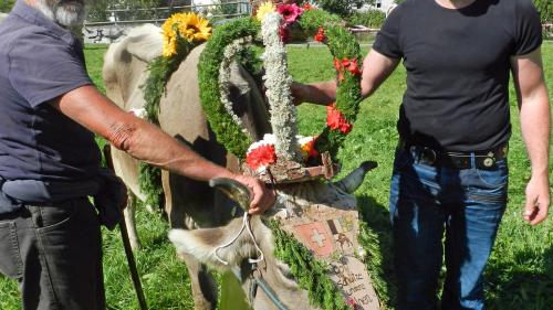 Cla Duri (schnestra) ed Andreja Peer cun lur vacha chi ha dat il plü bler lat (fotografia: Annatina Filli).