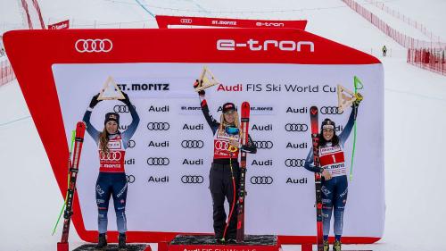 Strahende Gesichter bei (von links) Sofia Goggia, Mikaela Shiffrin und Federica Brignone. Foto: Giancarlo Cattaneo/fotoswiss.com