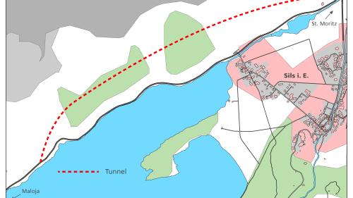 Der geplante, 2,7 Kilometer lange Tunnel zwischen Sils Föglias und Plaun da Lej. Grafik: Staka