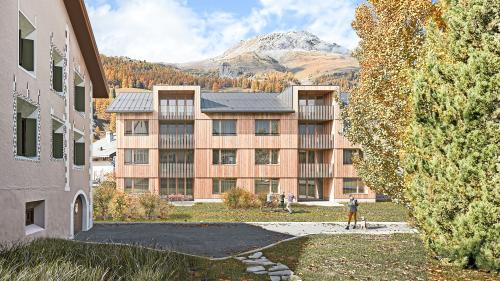 Es sind mehrere Wohnbauprojekte für Einheimische in Planung: Dazu gehören je ein Wohnhaus in den Dorfzentren von Celerina und die Überbauung «Palü»  in Samedan. Visualisierungen: z. Vfg