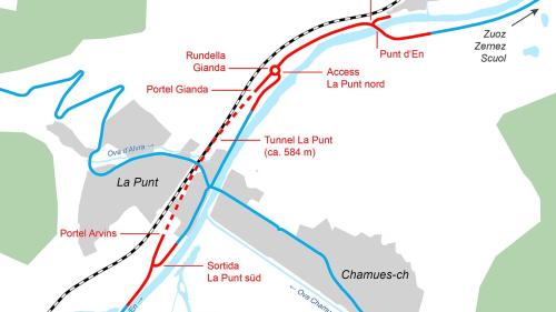 Survista dal nouv sviamaint a La Punt Chamus-ch scu eir dals nouvs access e la rundella in direcziun Madulain. Carta e fotografia: Uffizi da construcziun bassa 