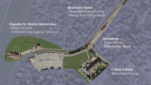 In Celerina koordiniert der Studienauftrag Pradè mehrere Grossprojekte über ein grösseres Gebiet. 		Visualisierung; z.Vfg