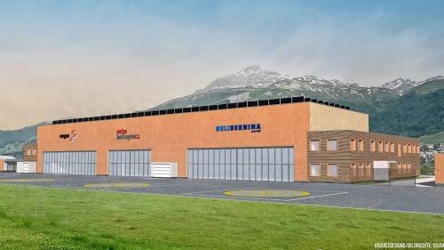Blick von der Piste auf die neue Helikopterbasis, welche die drei bereits heute ansässigen Helikopterbetriebe beherbergen wird. Visualisierung: Cilgia Salzgeber