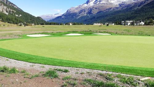 Die Stiftung Landschaftsschutz Schweiz stört sich an der neuen Kunstrasenfläche auf dem Golfplatz Margna (Foto: Renaud Lang).