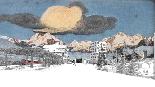 Das Siegerprojekt Spaniola des Churer Architekturbüros Giubbini Architekten mit dem geplanten Neubau der Jugendherberge in Turmform (rechts). Visualisierung: Giubbini Architekten ETH SIA  