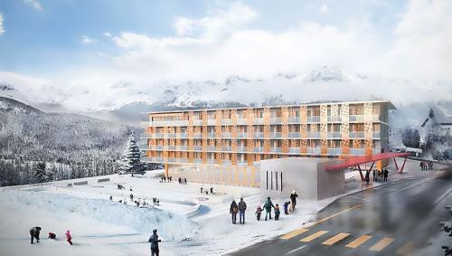 Der Eisplatz soll im Winter weiterhin eine Attraktion bleiben. Visualisierung: Hotel Flaz AG