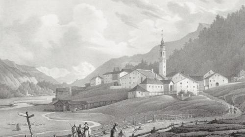 Samedan um 1825, von Edouard Pingre. Foto:ETH-Bibliothek Zürich