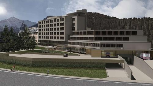 Visualisierung vom Spital Oberengadin mit vorgelagertem Parkdeck und den neuen Eingängen und Zufahrten. Stiftung Gesundheitsversorgung Oberengadin