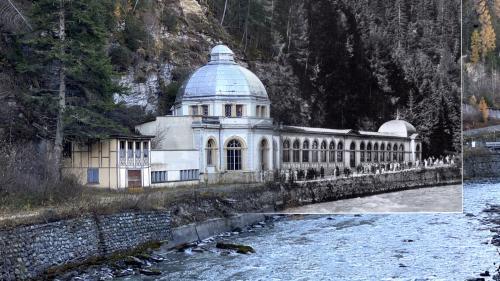 Die Trinkhalle in Nairs war einst Dreh- und Angelpunkt für Kurgäste, heute zerfällt das Gebäude sichtbar. Bildmontage: Gammeter Media