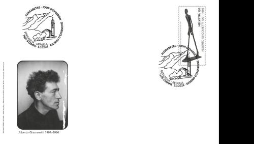 Der Ersttagsumschlag der Giacometti-Sondermarke. © Succession Alberto Giacometti / 2026, ProLitteris, Zurich und ©️ Post CH Netz AG