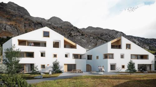 Über einen gemeinsamen Eingangsbereich und ein Foyer miteinander verbundene Wohnhäuser, so der Entwurf der «Cooperativa Lagrev». 	Visualisierung: Fanzun AG