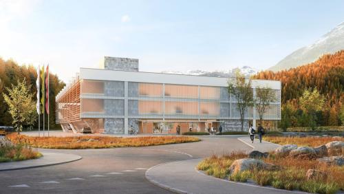 Unterhalb der alten Olympiaschanze, an der Kantonsstrasse, soll das neue Eissport- und Trainingszentrum gebaut werden. 
Visualisierung: Penzel Valier AG