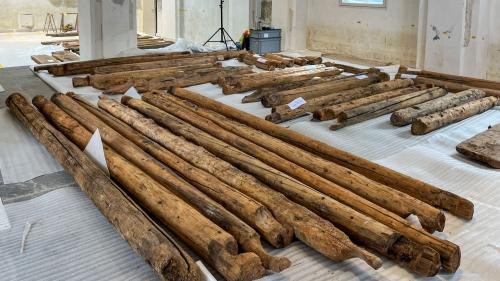 Rund 100 Einzelteile der prähistorischen Quellfassung liegen im Forum Paracelsus sortiert und nummeriert für den Zusammenbau durch ein Spezialistenteam bereit. Fotos: Jon Duschletta