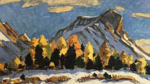 Ausschnitt aus einem grossformatigen Ölbild von Vitale Ganzoni, in welchem die Landschaft um den Piz Salecina im Zentrum steht. Foto: Marie-Claire Jur